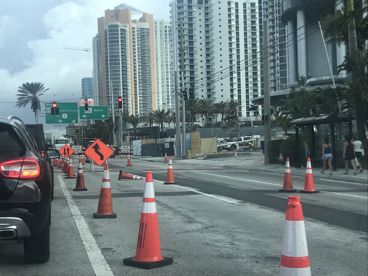 CityofSIB's tweet photo. Northbound lanes closed on Collins Avenue by 189th street. Traffic is being diverted into southbound lanes. Expect delays. https://t.co/ZXNZAZp2q5