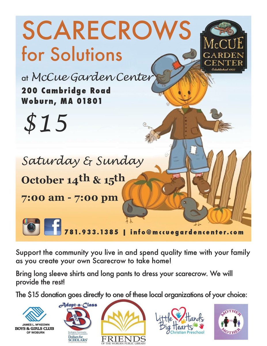 BGCWoburn's tweet photo. Happening Now!  And, all weekend!  Support @WoburnKeystone &amp; make a scarecrow at McCue Garden Center.  #Woburn https://t.co/cijbPoATm3