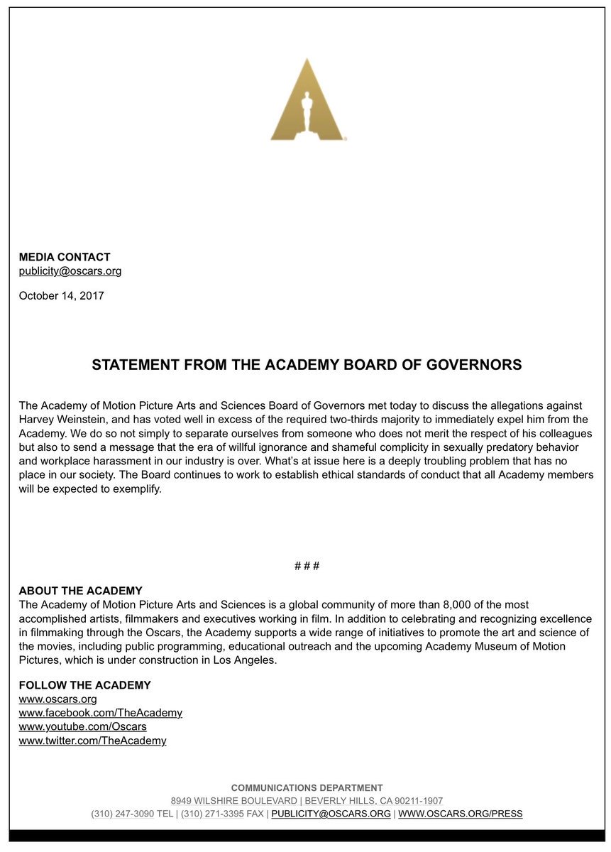 piersmorgan's tweet photo. BREAKING: Oscars Academy expels Harvey Weinstein over 'sexually predatory behaviour'. 

* Child rapist Roman Polanski remains a member. https://t.co/fRlzcXYaZp