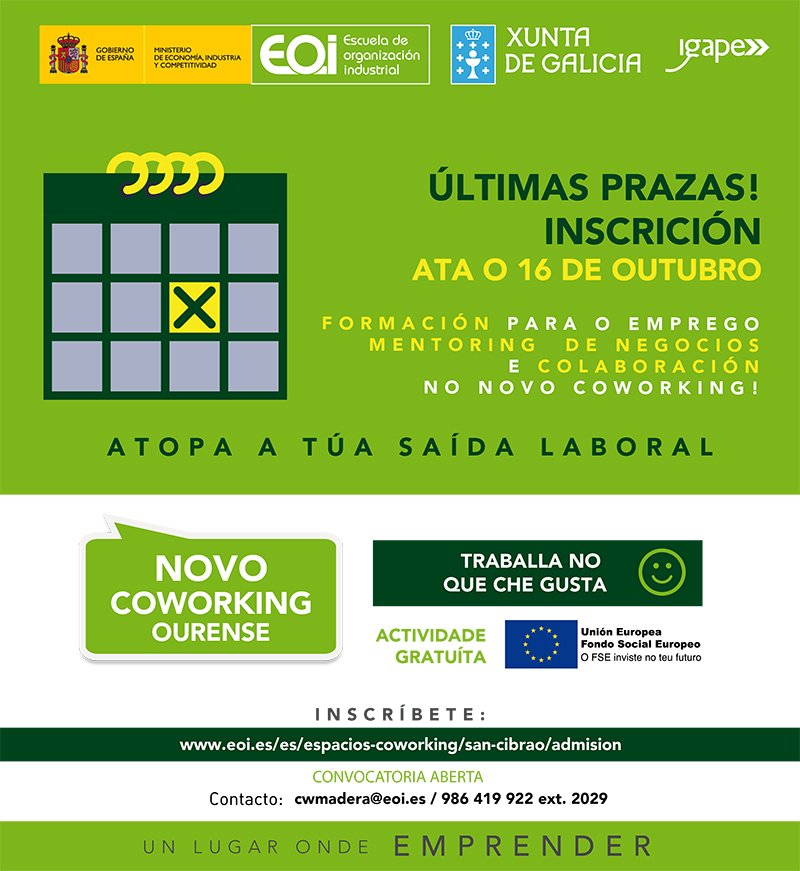 <a href="/sdgalicia/">StartupDigestGalicia</a>: buscamos emprendedores para a novo #coworking #Ourense! Últimas prazas! Axudádesnos a difundir? +ℹ️bit.ly/2yBw472