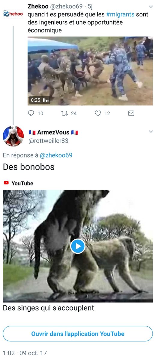 @ResisTeamFR @_LICRA_ @TwitterSupport Traiter les #migrants de bonobos, ce n'est pas raciste dira le facho islamophobe @rottweiller83...