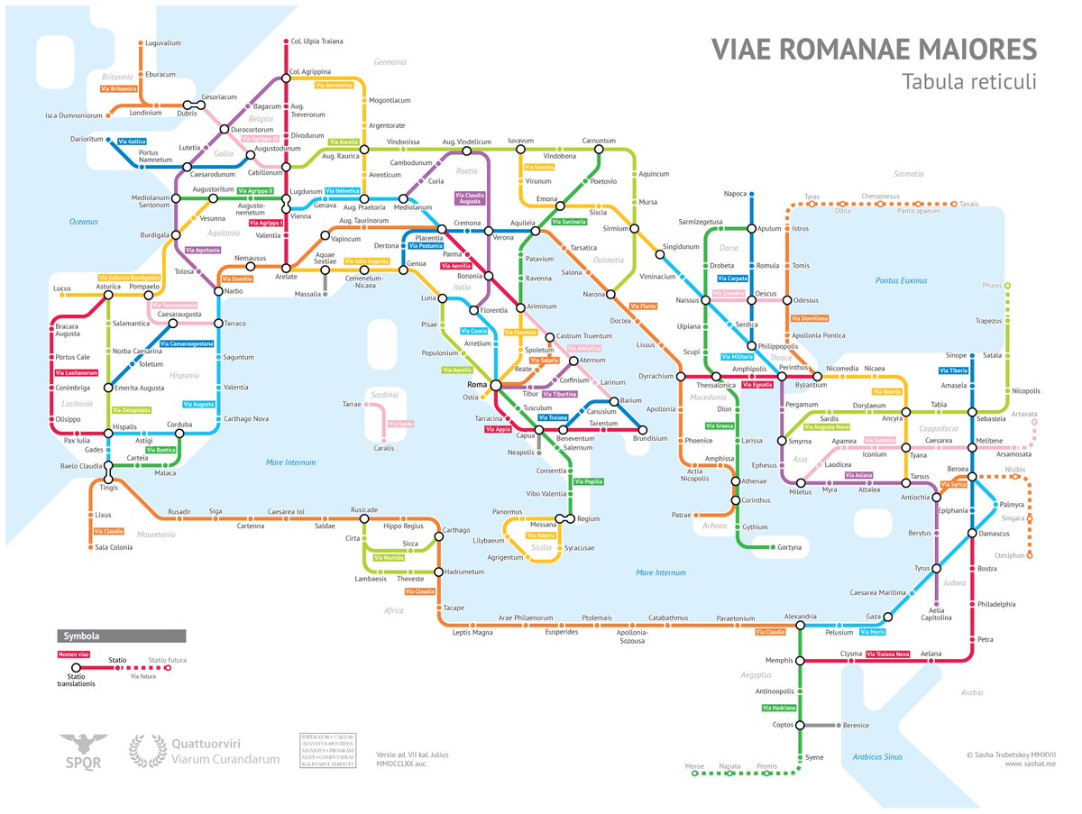 A subway-style diagram #map of the major Roman roads, based on the Empire of ca. 125 AD. buff.ly/2xCecUz