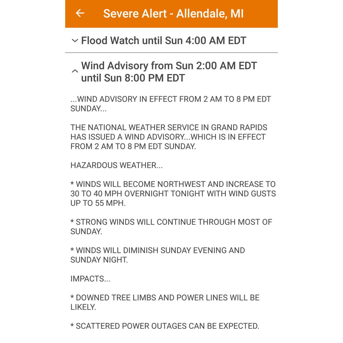 Flood watch in effect until Sunday morning with locally 2-4inches possible. 
Also a wind advisory for all day Sunday, wind gusts near 55mph!