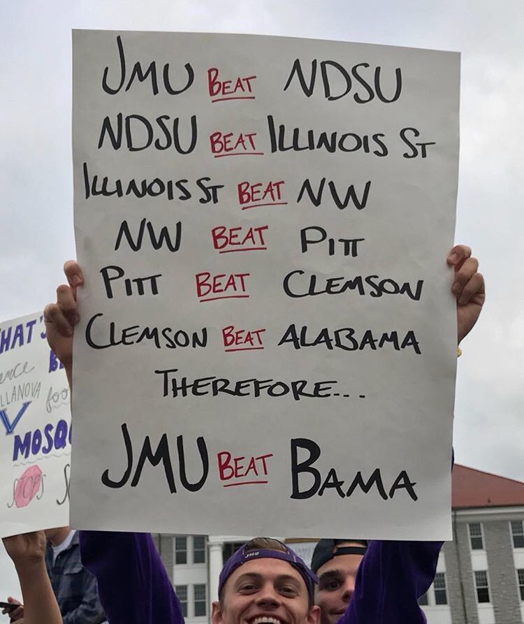 boyd_chandler's tweet photo. I mean, Mrs. Belcher taught me not to question the transitive property.. #GAMEDAYjmu #GoDukes https://t.co/vHEKGTbaI0