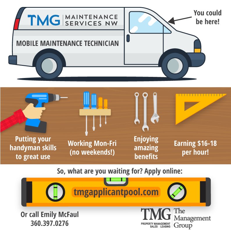 tmgnorthwest's tweet photo. We are hiring Mobile Maintenance Techs! $17-18.50 an hour! Use your handyman skills! #WorkWithTMG Apply online: https://t.co/0QbidzISaw https://t.co/JkAsPrzmis