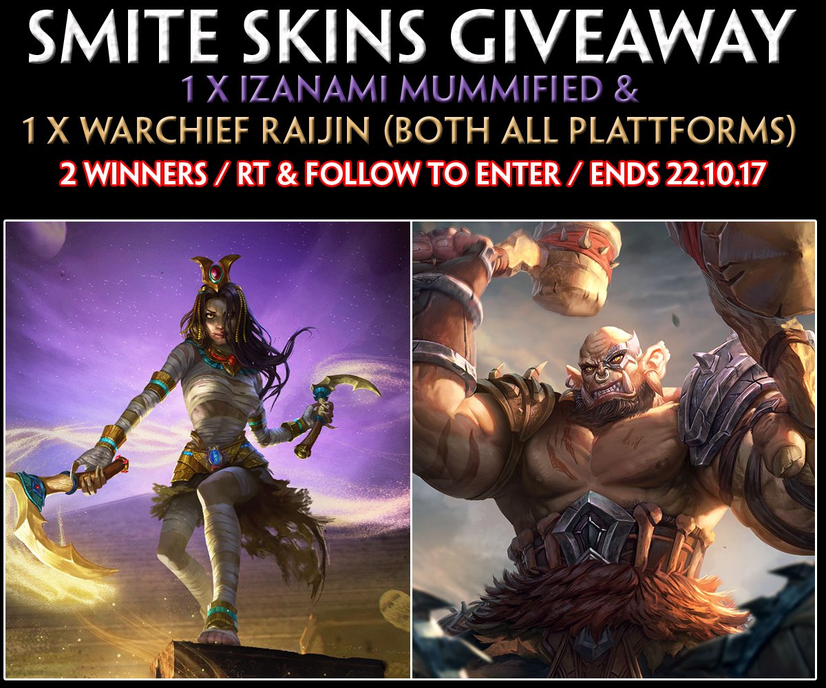 MrNone_lp's tweet photo. Halloween Giveaway! / Smite Skins / All Plattforms / 1 x Warchief Raijin &amp; 1 x Mummified Izanami / RT &amp; Follow to Enter / Ends on 22.10.2017 https://t.co/Nxla7e1Nqz