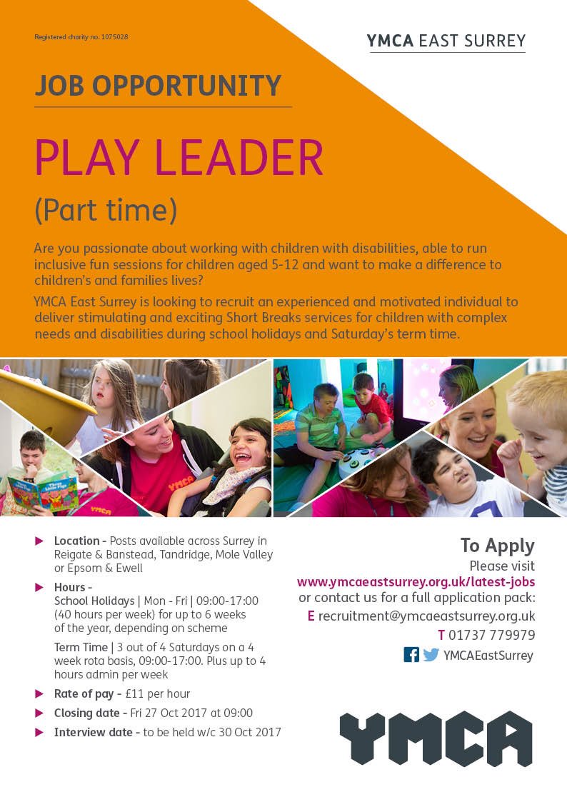 YMCAEastSurrey's tweet photo. Passionate about working with children with disabilities? We need a part time Play Leader. #Charityjobs @ukcharityjobs @reigatebanstead https://t.co/1iIA9Kympr