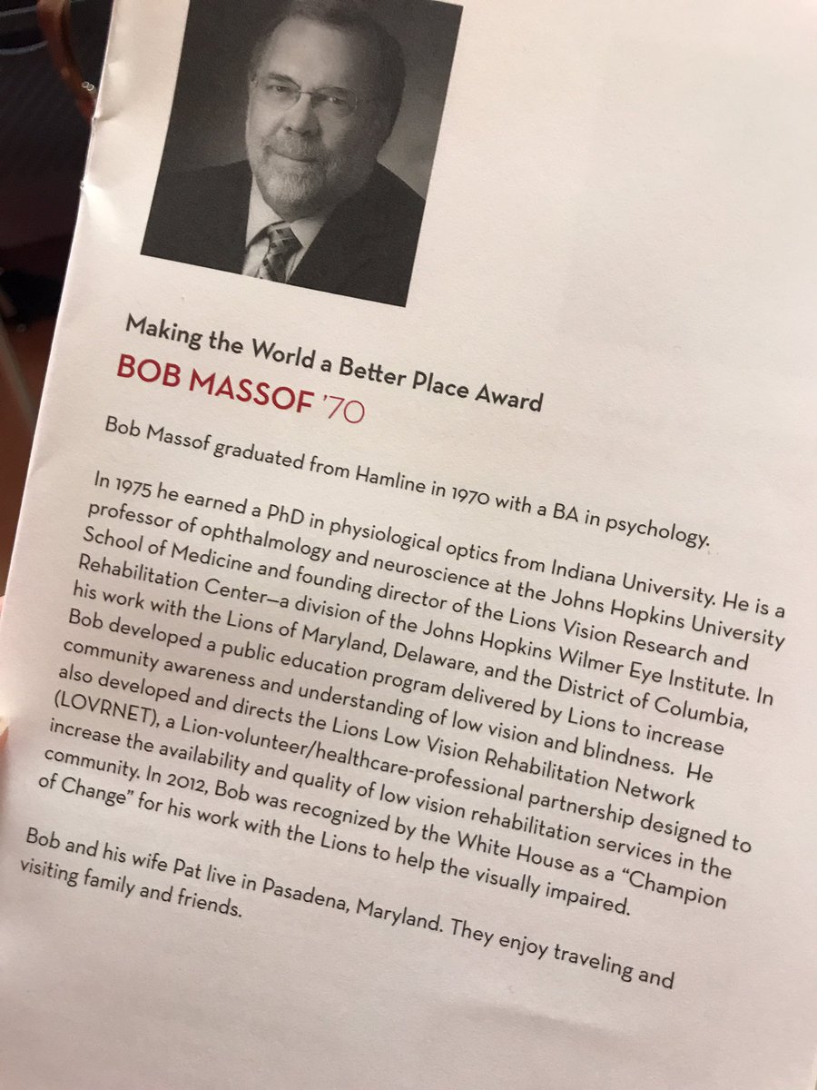 HamlineAlumni's tweet photo. Making the World a Better Place Award honoree Bob Massof '70! #hualumweekend #piperproud https://t.co/8TmnJHhXbO