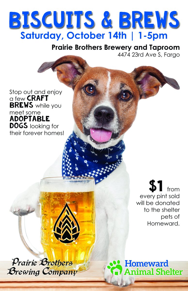 #BiscuitsandBrews, 1-5pm <a href="/PrairieBrothers/">PrairieBrosBrewing</a>! Enjoy a few #brews &amp; meet some of our adoptable #dogs. $1/pint sold donated to the #shelterpets.