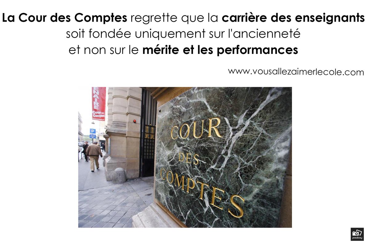 FournierJoyeux's tweet photo. La @Courdescomptes regrette que la carrière des enseignants soit fondée uniquement sur l'ancienneté et non sur le mérite et les performances https://t.co/3AkQ4PXigS