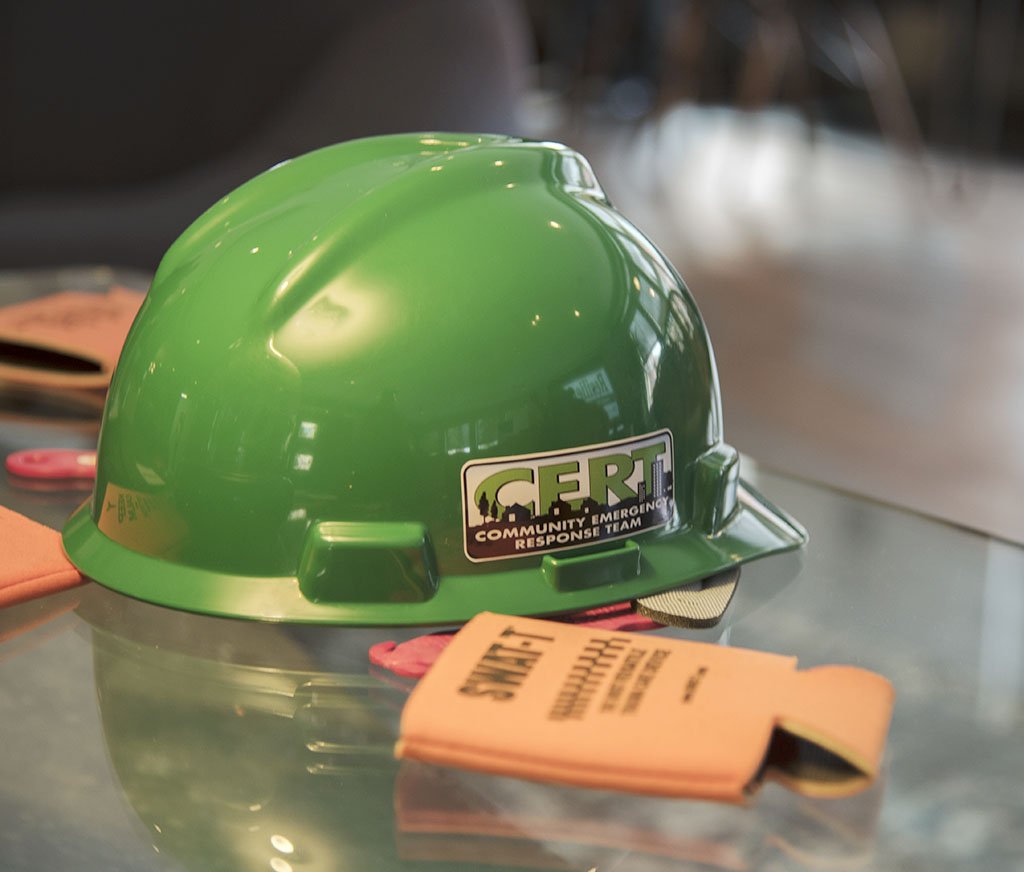 ResilientJC's tweet photo. #CERT hard hat decorated the tables last night at #ResilientJC launch event . #JerseyCity #JCCERT https://t.co/NNP4xJJfpD