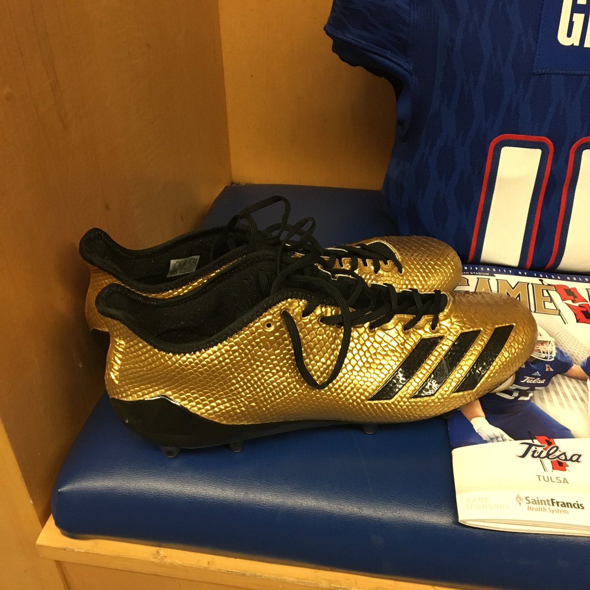 TulsaEQRoom's tweet image. Going with the traditional gold-blue-gold look for homecoming (and an assortment of cleats) #ReignCane👑🌀 #ThreeStripeLife