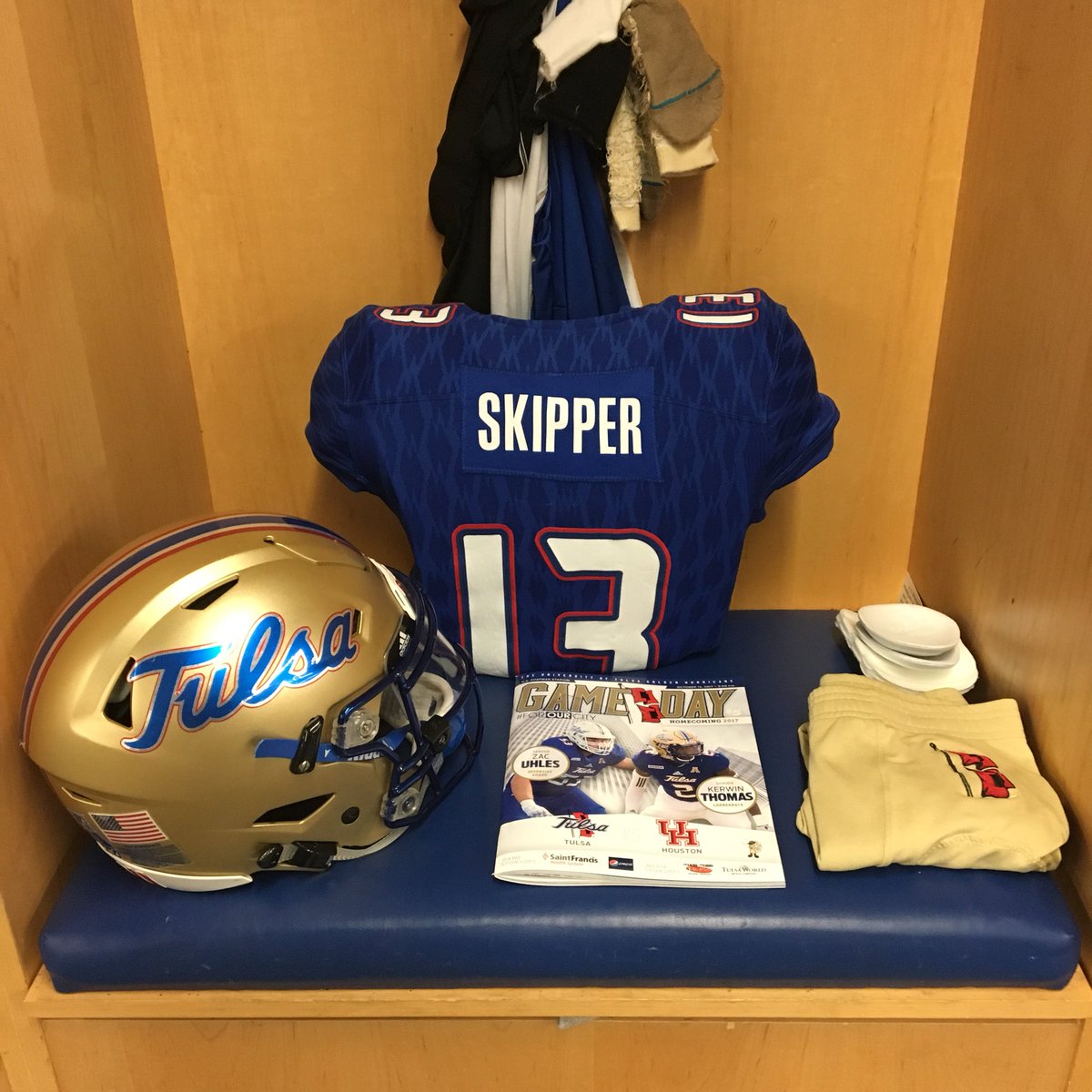 TulsaEQRoom's tweet image. Going with the traditional gold-blue-gold look for homecoming (and an assortment of cleats) #ReignCane👑🌀 #ThreeStripeLife