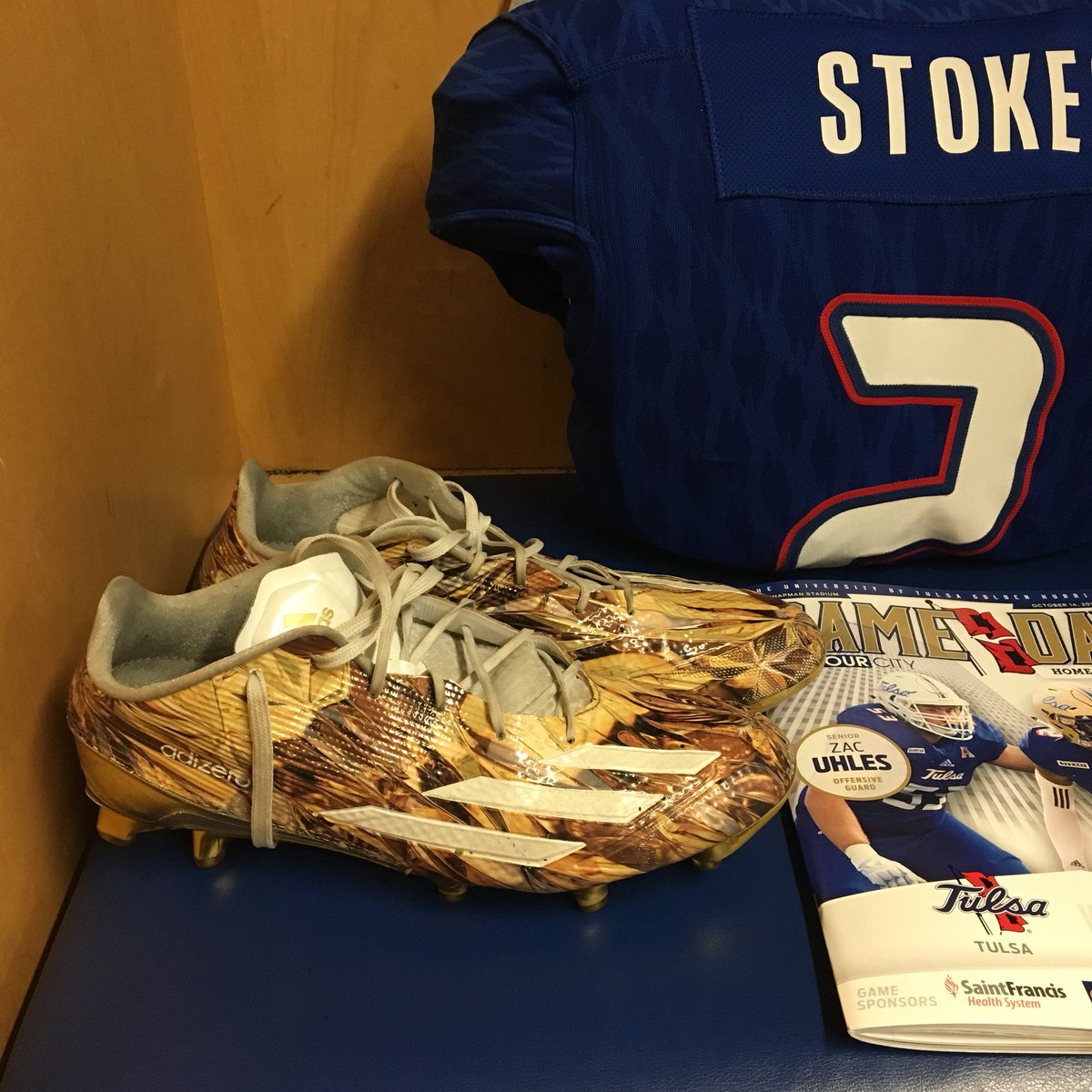 TulsaEQRoom's tweet image. Going with the traditional gold-blue-gold look for homecoming (and an assortment of cleats) #ReignCane👑🌀 #ThreeStripeLife