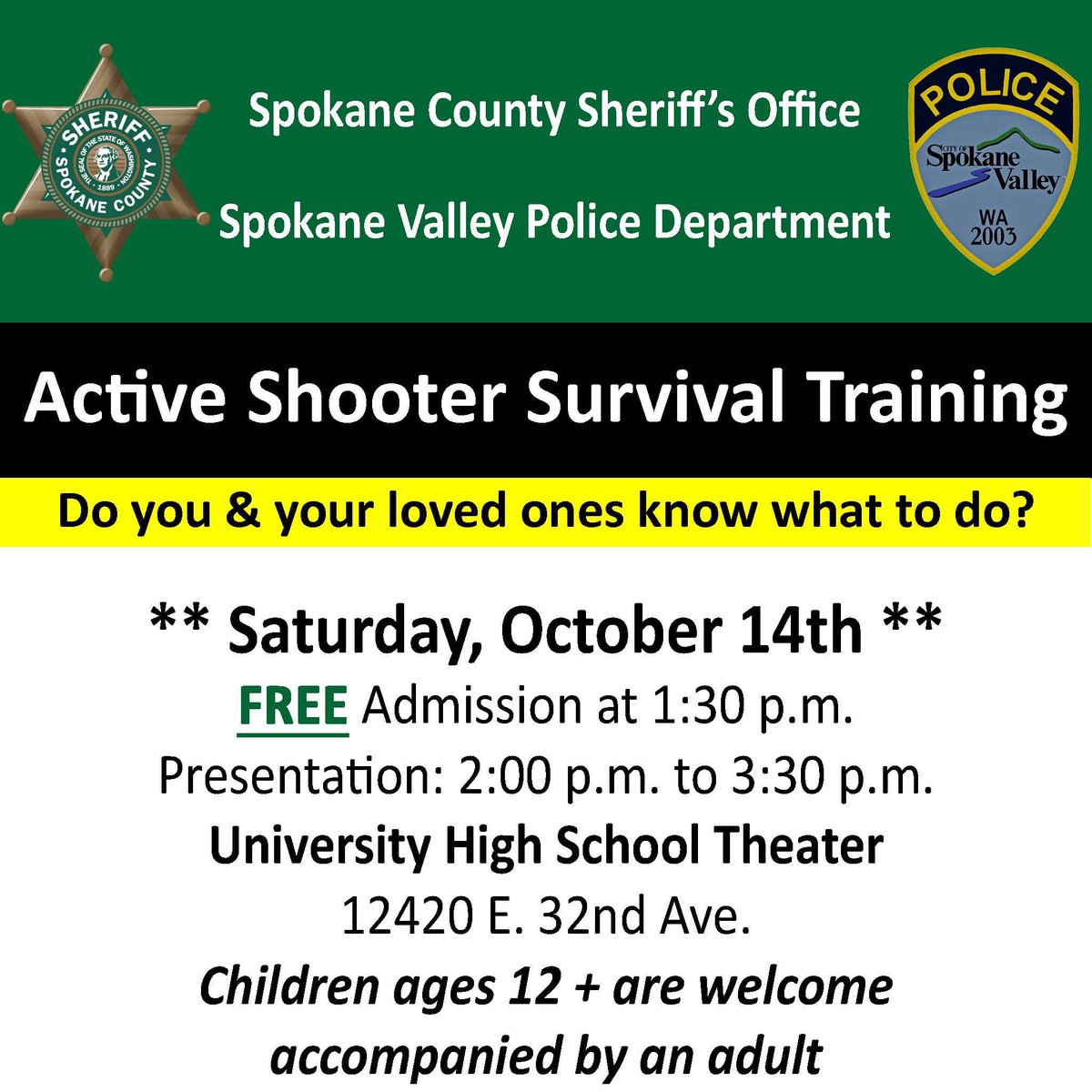 Don't forget, You’re INVITED: Would you know what to do? ** FREE Admission **  #SCSO #Spokane #SpokaneValley #ActiveShooter