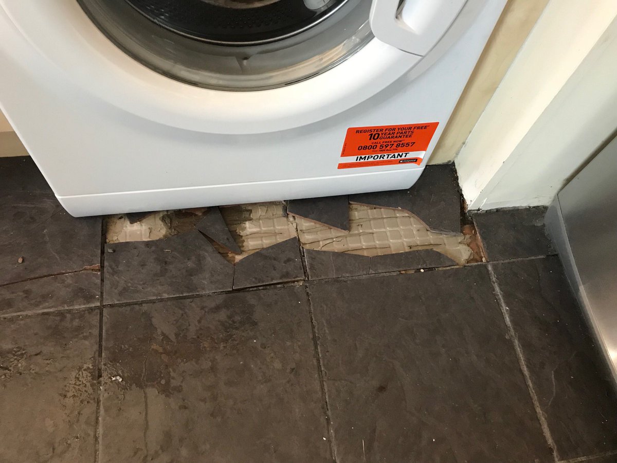 suziemoss's tweet photo. Not impressed with @ao this morning when they did this to my kitchen floor tiles when installing my new washing machine!!! https://t.co/p02iE1S3Th