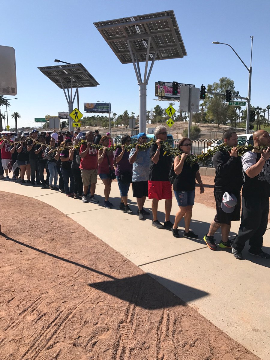 SteveSisolak's tweet photo. This group from Hawaii are carrying a lei stretching a football field long. Tea leaves braided together as a sign of healing and unity. https://t.co/u5Mfjo80A2