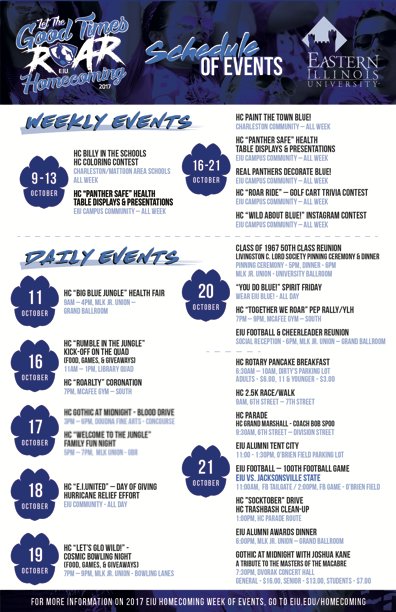 Here it is Panthers! The official schedule for Homecoming 2017! Everything kicks off on Monday at 11am! #Letthegoodtimesroar!