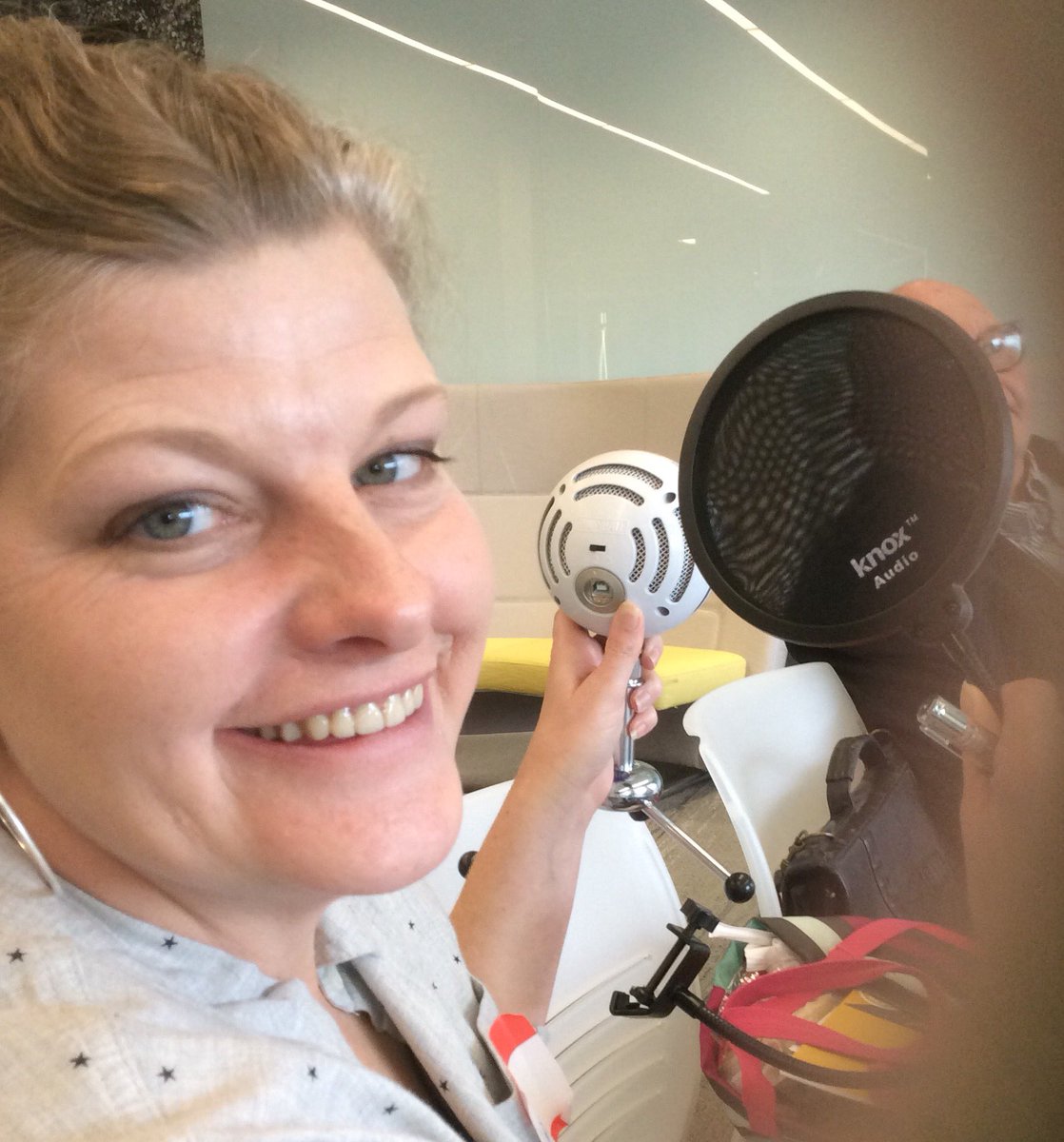 itistamara's tweet image. Former Times-Shamrock photographer Lois with podcast equipment @NEPABlogCon #NEPAblogcon