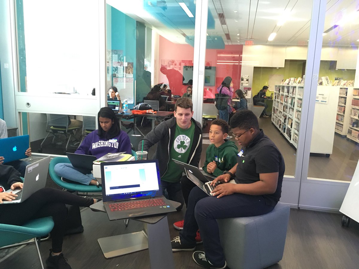 TTSF_MichelleC's tweet photo. Time for the @teentechsf Coding Workshop! Mentors helping the Hackers develop their tech skills and ideas #TTSFCivicHack @SFPublicLibrary https://t.co/ytOadj8Hq8