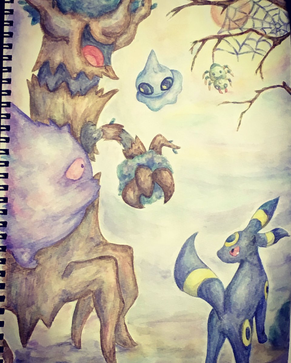 黒しお در توییتر ハロウィンっぽいのが描きたかった ポケモン ハロウィンイラスト アナログ絵 ゲンガー ブラッキー オーロット イトマル カゲボウズ