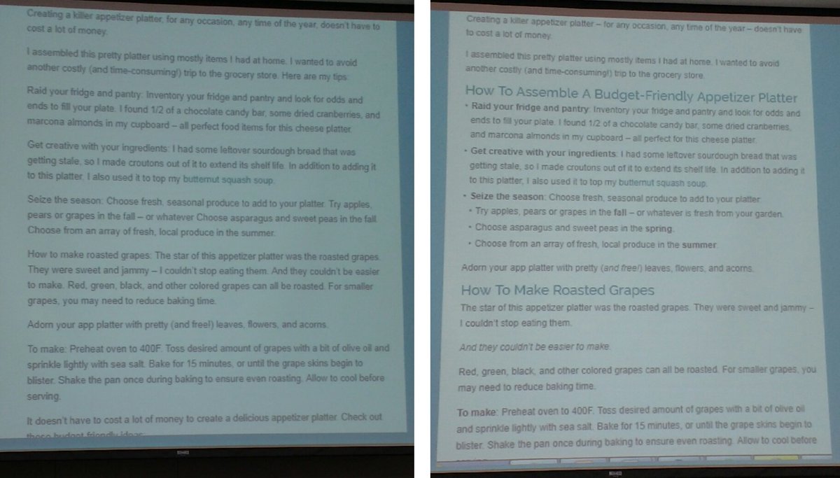 PropTartMN's tweet photo. Formatting is important. See this before/after example from @CheapRecipeBlog: #MNBlogCon https://t.co/kOA3aURTHq