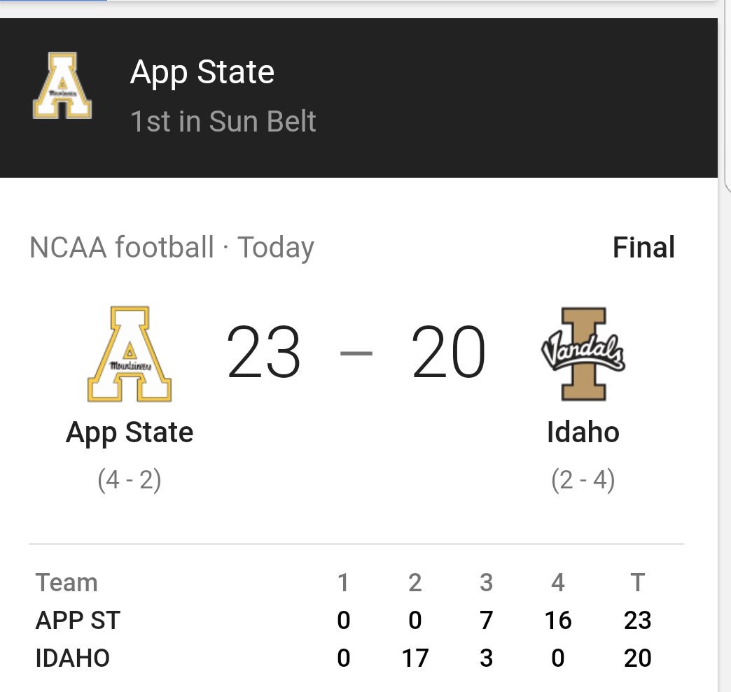 JustJan9999's tweet photo. And it's a huge come-from-behind victory for App State on the road! I'm keeping my flag up! #COMEBACK #AppStatepride https://t.co/kjT0KZhTSI