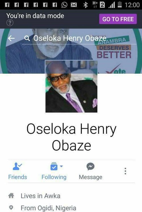 Anambra governor, Willie Obiano has criminally changed one of his Facebook accounts to 