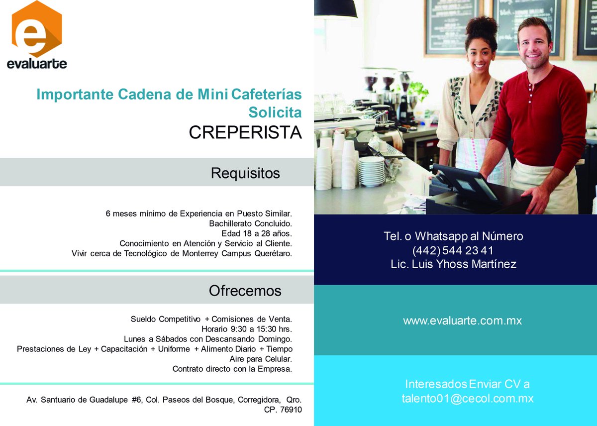 EvaluarteMx's tweet photo. #Evaluarte Buscamos Encargado de Mini Cafetería. Experiencia no necesaria.
Envía tu CV a talento01@cecol.mx.com https://t.co/mo13AdMXKH