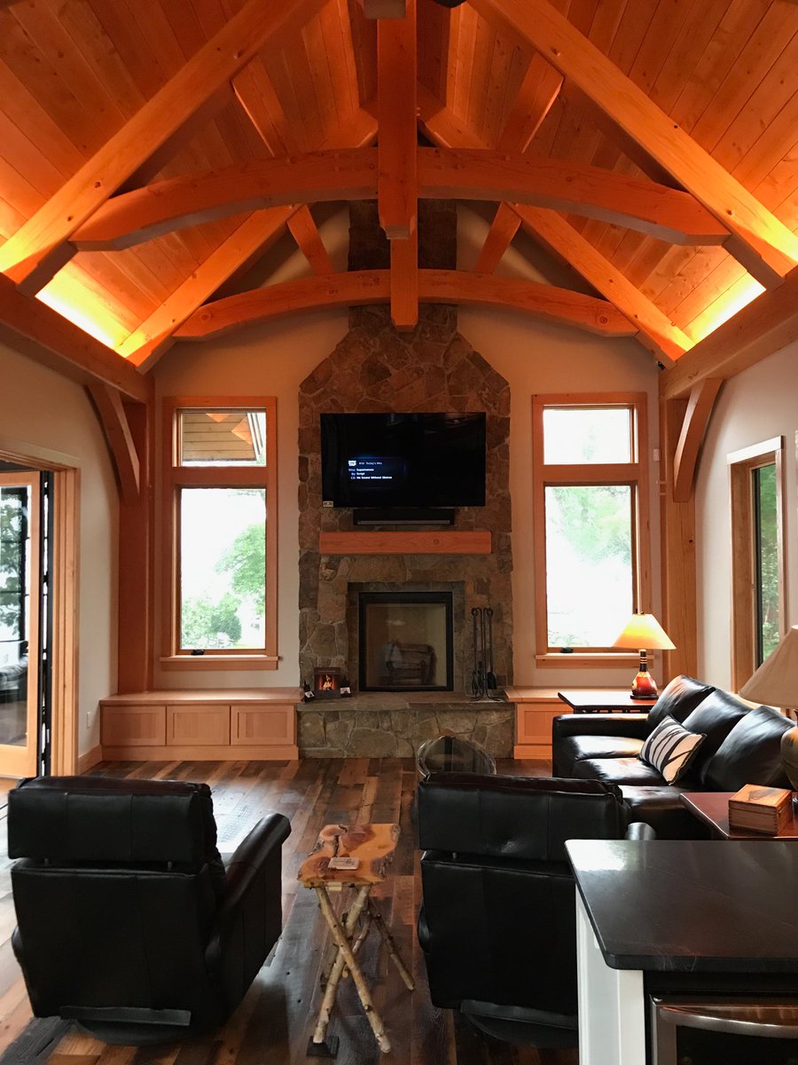 HighPointHMN's tweet image. Maple lake timber frame puts true meaning in GREAT ROOM.  Wood fplc w/ guillotine door, reclaimed floors - so cozy!