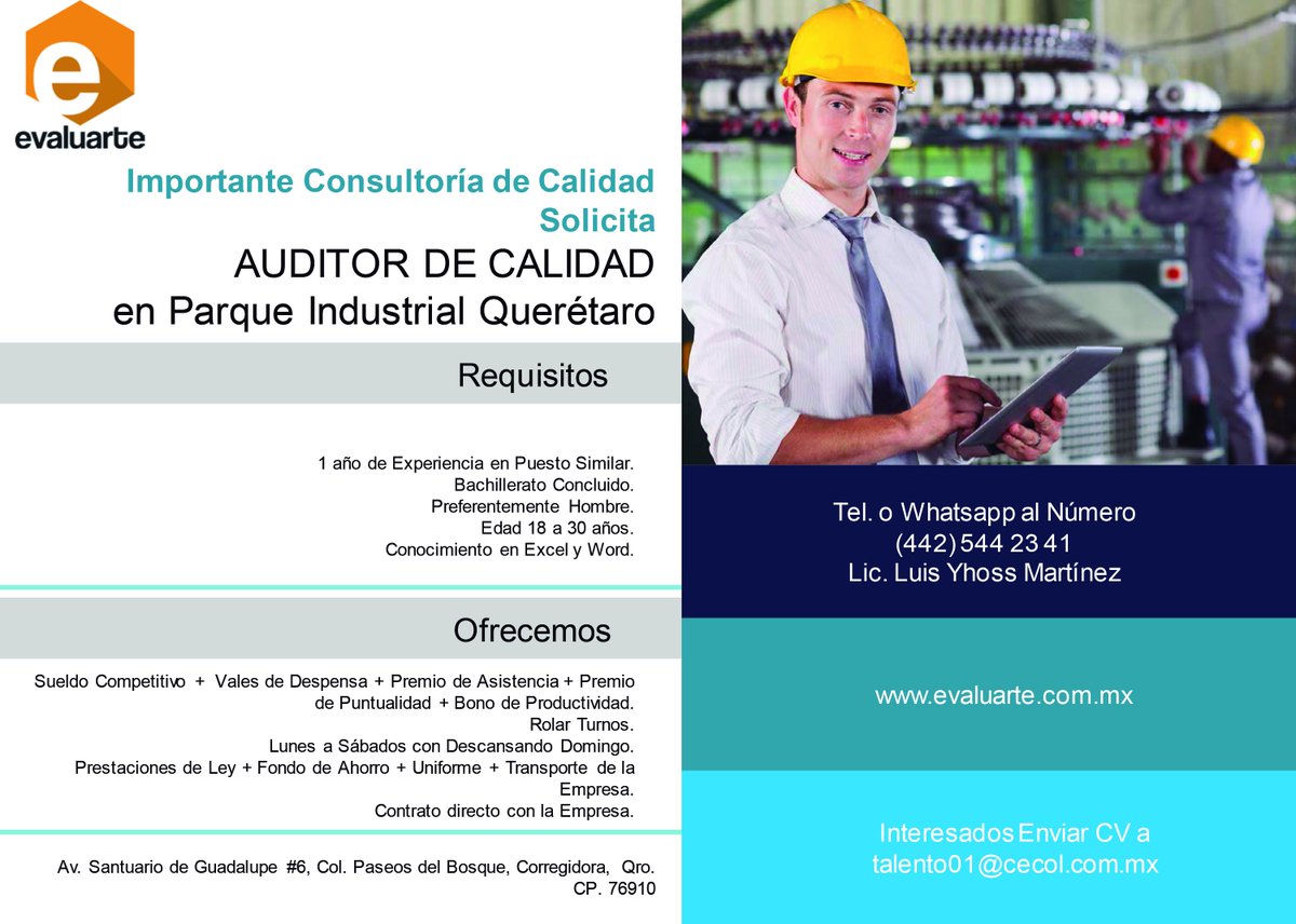 EvaluarteMx's tweet photo. #Evaluarte Buscamos Inspectores o Auditores de Calidad con 1 año de Experiencia.
Envía tu CV a talento01@cecol.mx.com https://t.co/wDBhrxD3NH