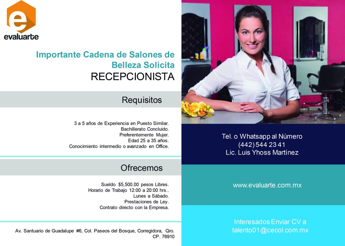 EvaluarteMx's tweet photo. #Evaluarte Buscamos Recepcionista con 3 a 5 años de Experiencia.
Envía tu CV a talento01@cecol.mx.com https://t.co/UozMJNUavR