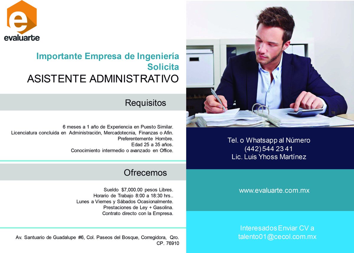 EvaluarteMx's tweet photo. #Evaluarte Buscamos Asistente Administrativo con 1 año de Experiencia.
Envía tu CV a talento01@cecol.mx.com https://t.co/lMeswZ8KyV