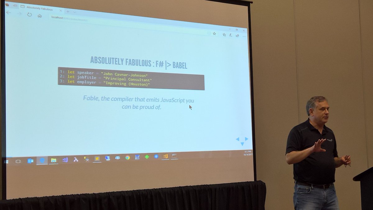 michaellperry's tweet photo. John Cavmar-Johnson telling us how to create JavaScript that we can be proud of. #ImprovingSpeakers #HTF17 https://t.co/09IYqxrNys