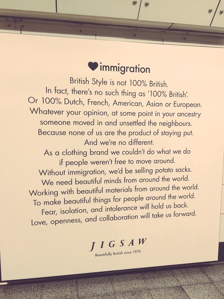 RajeshAgrawal's tweet photo. Great advert celebrating immigration by Jigsaw on London Underground. @MayorofLondon @SadiqKhan is the standing up and making a positive case for immigration. #LondonIsOpen https://t.co/miZTiGouRm