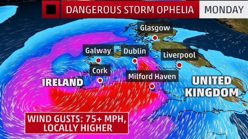 weatherchannel's tweet photo. Hurricane #Ophelia racing toward Ireland.  Dangerous hurricane gusts possible as a post tropical storm. Be ready!
https://t.co/vsrzWlR7Dg https://t.co/UDBKQKr22e