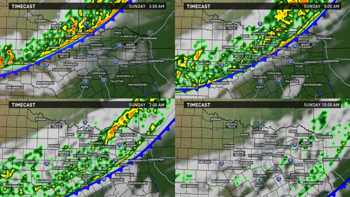 wfaaweather's tweet photo. Strong cold front after midnight increases rain chances for NTX. No severe weather, but it turns breezy with gusts to 40MPH #wfaaweather https://t.co/KFvqAZNIaA