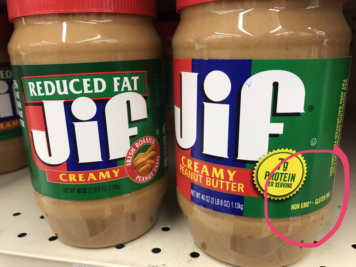 Apparently adding #GMOs reduces #fat. #Jif #peanutbutter #nonGMO #reducedfat #foodlabels