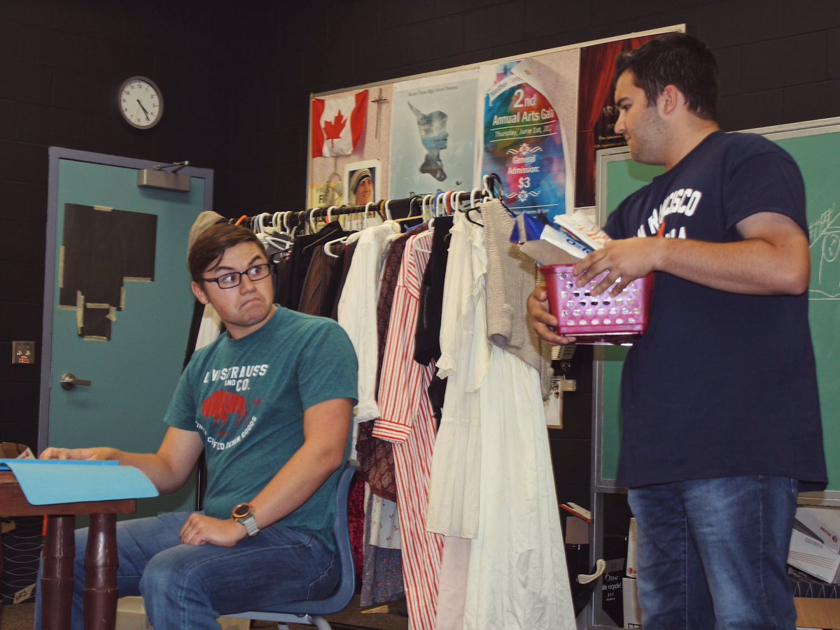 mightytheatreco's tweet photo. Scrooge (played by Rob) &amp; Bob Cratchit (played by Jose) getting really into character during rehearsal! 🎭 https://t.co/DAHYFFMAe8 #OCSBarts https://t.co/rhgHg6B2su
