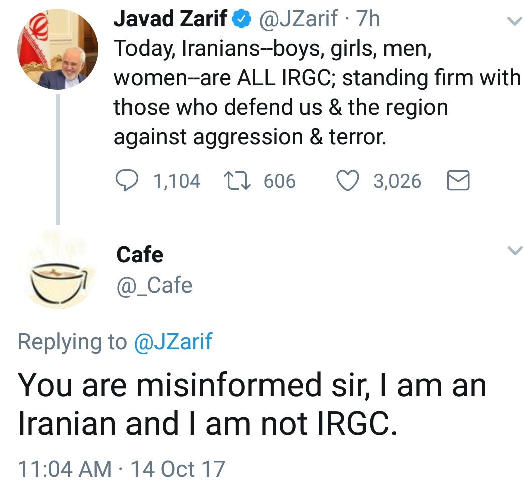 amiretemadi's tweet photo. Many Iranians responded to liar Javad Zarif, saying they are not IRGC. Is mainstream media going to talk about this? 

@PHREUTERS
@yjtorbati https://t.co/wsE2lhwTbQ