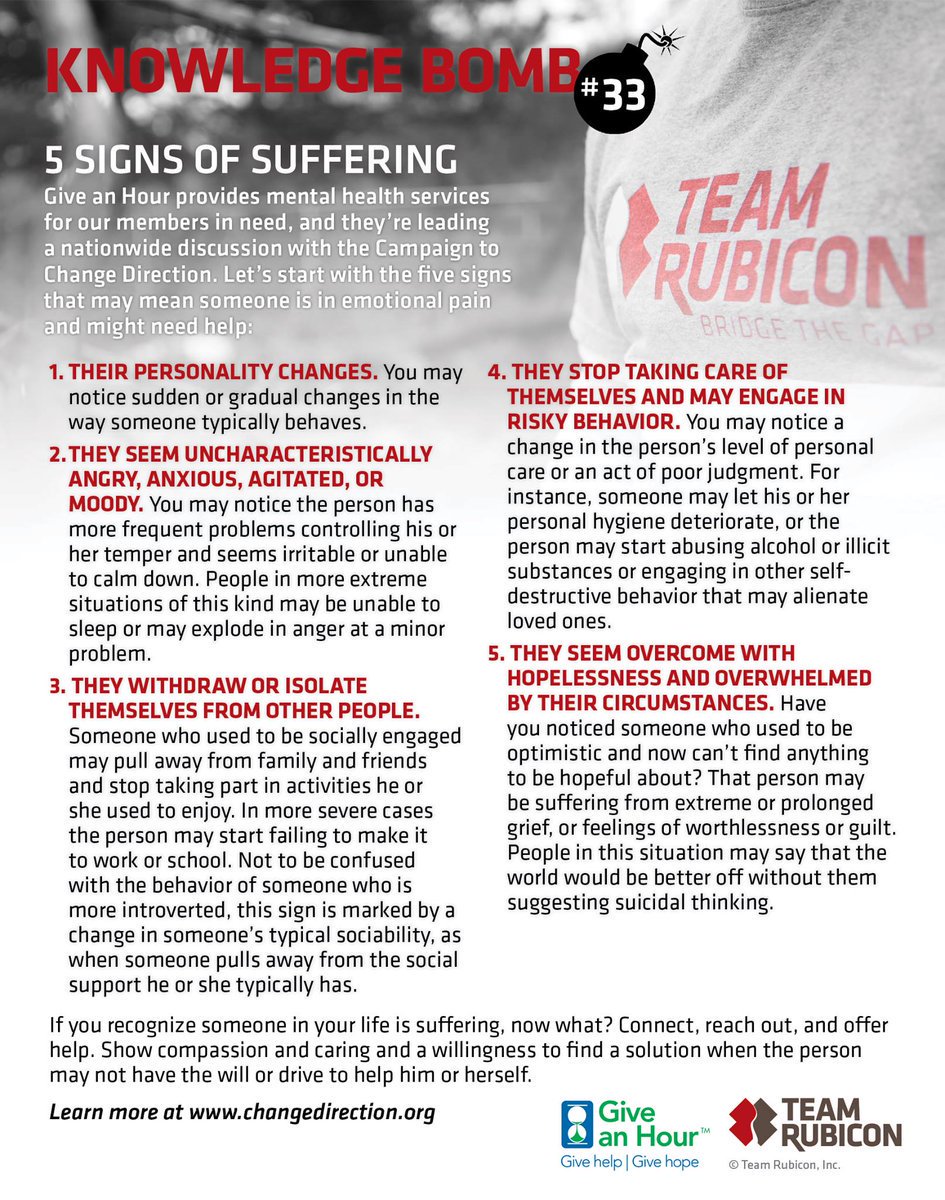 TeamRubicon's tweet photo. If you notice someone struggling, know the signs, ask how they're doing, and connect them with the proper resources. #Mentalhealth https://t.co/qAe9J6QD3n