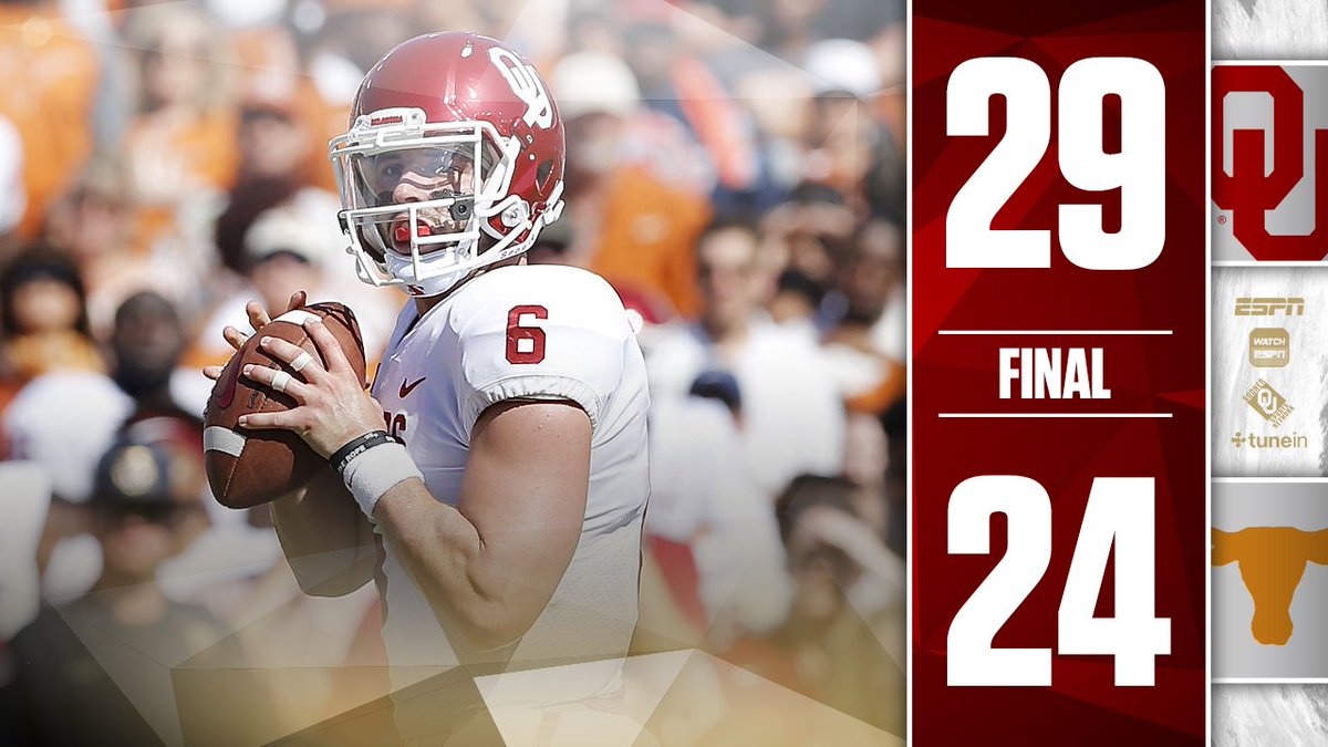 Boomer Sooner! The #Sooners defeat the Longhorns 29-24 in the 112th Red River Showdown.

Quick recap ➡️ bit.ly/2gEZo1P
