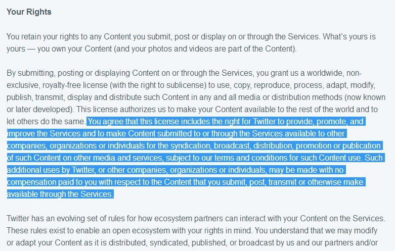 mombot's tweet photo. Reminder to small-time artists, musicians, movie directors, etc: Twitter can sublicense any content you upload without compensating you. https://t.co/BFtKXW9ORv