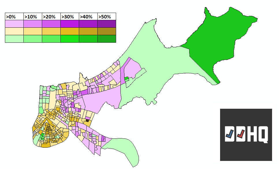 JMilesColeman's tweet photo. Miles' Mardi Gras Map for #nolamayor. Cantrell (gold) = 39%, Charbonnet (purple) = 30.5%, Bagneris (green) = 18%. #lalege https://t.co/DBtIeNxdH1