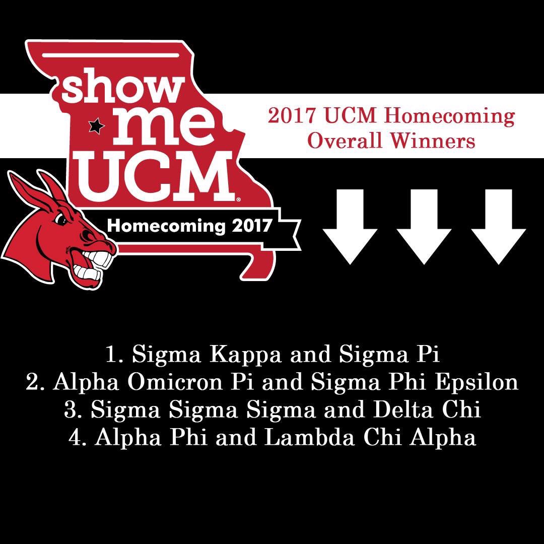 UCMHomecoming's tweet photo. Thank you to all the organization that participated for making Homecoming 2017 happen. Congrats to Sigma Kappa and Sigma Pi! #ShowMeUCM https://t.co/NbjqAnqKLf