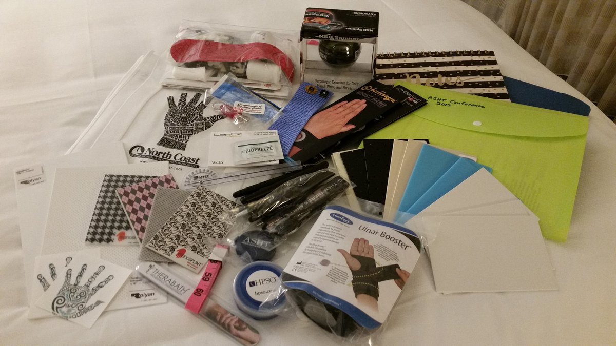 PattiCarrillo's tweet photo. @TXHandTherapy generous stash of conference swag means lots of new things to try in the clinic! #borderlinehoarding #ASHT2017 https://t.co/aGGekJ1L4K