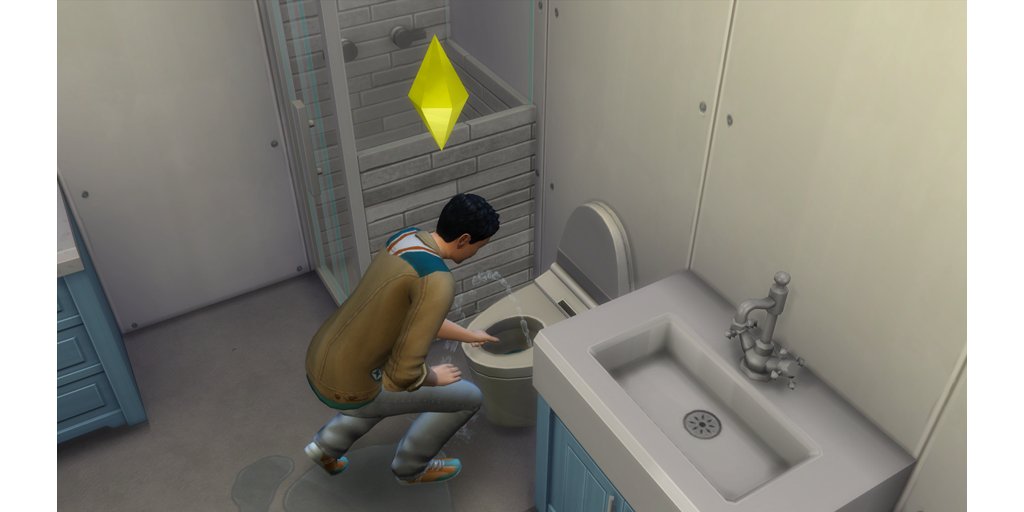 Simmer724's tweet photo. Apparently he uses an invisible wrench to fix the toilet. #House008 #DrifterChallenge #TheSims4 https://t.co/vXCSyv7mBm