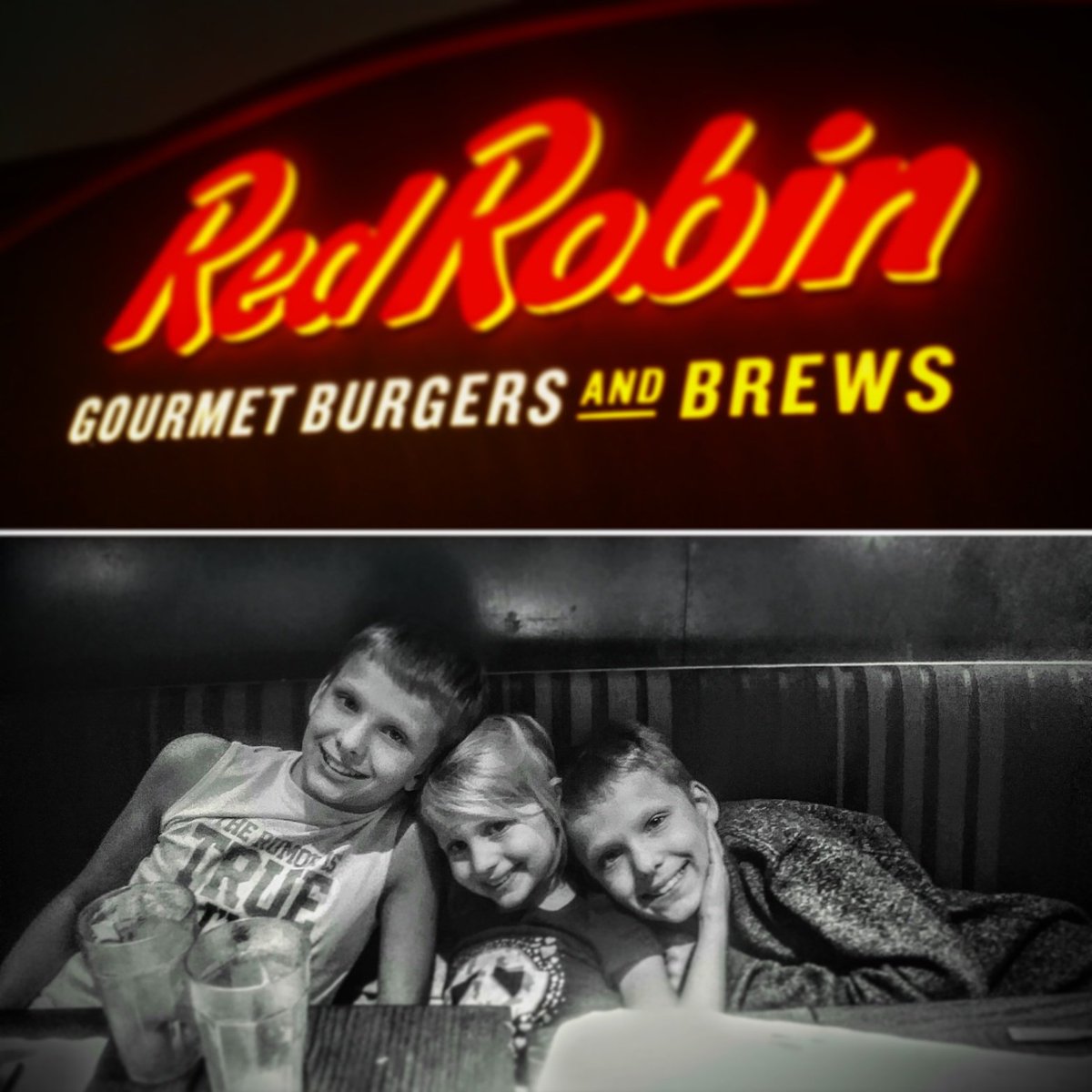 JeremyDehn7's tweet photo. Welcomed @HeatherInga home,  went out 2 dinner w/ the charming children @redrobinburgers Had great service from a guy named Guy! #RoyalRobin https://t.co/tARUEMis8S