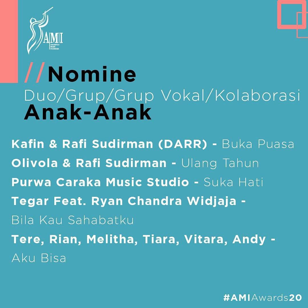 Nomine Duo/Grup/Grup Vokal/Kolaborasi Anak-Anak

#AMIawards20 
#MusikTanpaBatas
