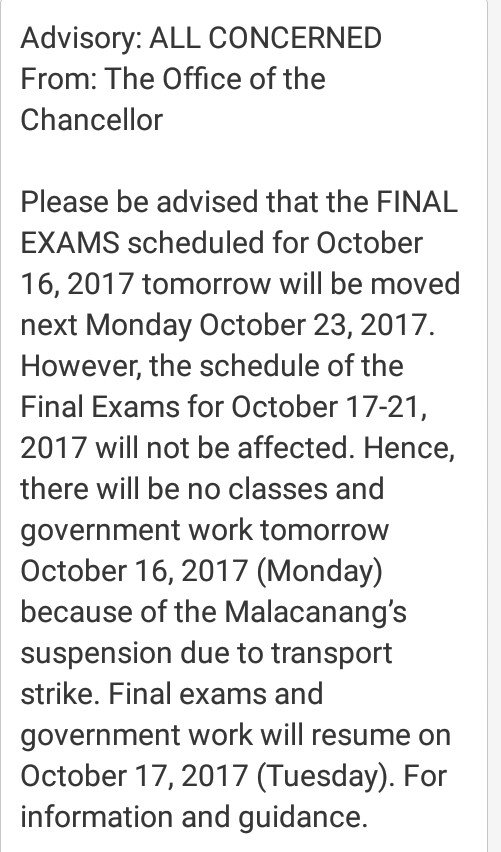 ustposacdo's tweet photo. Advisory: ALL CONCERNED
From: The Office of the Chancellor
Please be advised that no classes and work tomorrow. https://t.co/RslxQfHIHN